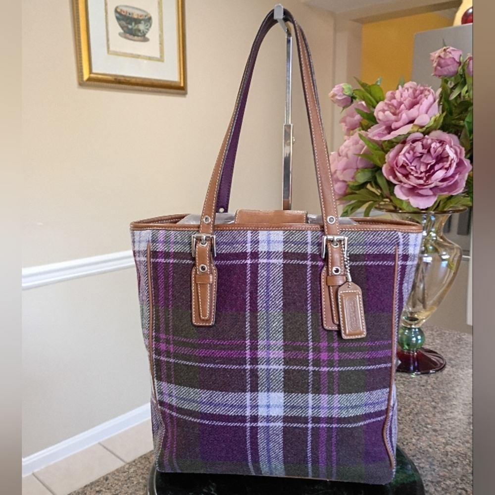 Coach Wool Plaid Purple Tote - Picture 7 of 16